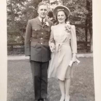 Wedding Announcement for Maude Elizabeth Poulter and William Gordon, May 17 1940, Geoff Blackwood Black and white portrait of the wedding announcement for Maude Poulter and William Gordon