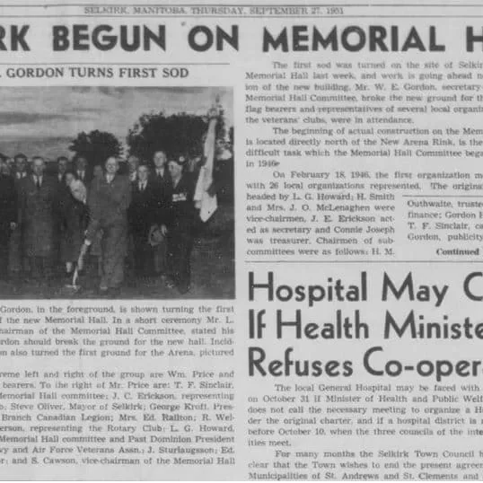Newspaper article titled work begun on Memorial Hall