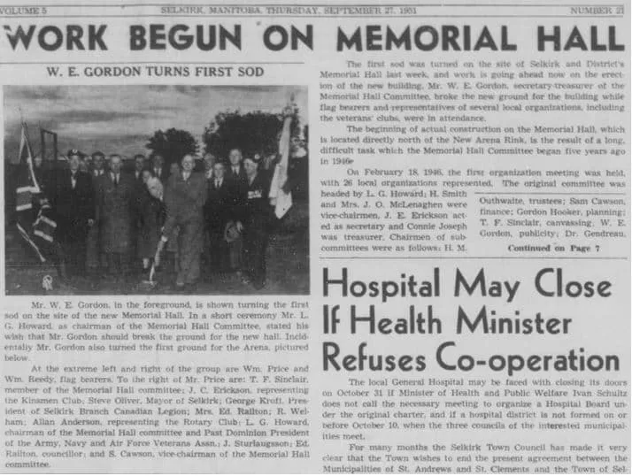 Work Begun on Memorial Hall, 1951, Selkirk Enterprise