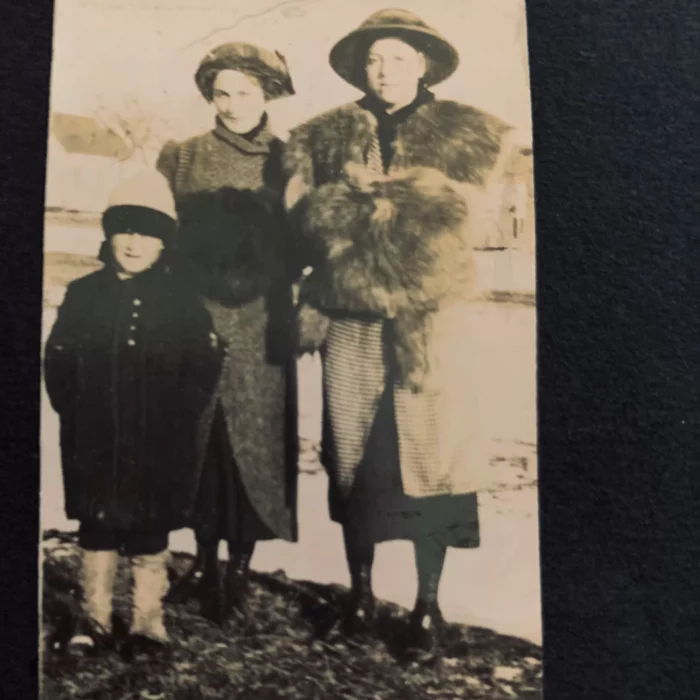 Ruth Hooker in a Fur Coat, Date Unknown, Joen Hadfield Black and white portrait of three women in large coats