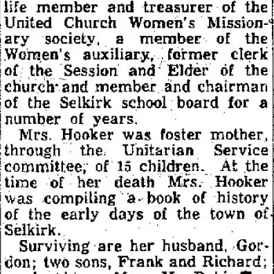 Ruth Hooker Obituary, May 10 1957, Winnipeg Free Press Ruth Hooker Obituary, May 10 1957, Winnipeg Free Press