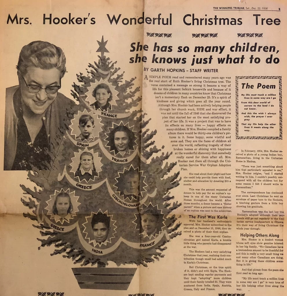 Newspaper article from the Winnipeg Tribune describing Ruth Hookers charitable act of fostering 37 children