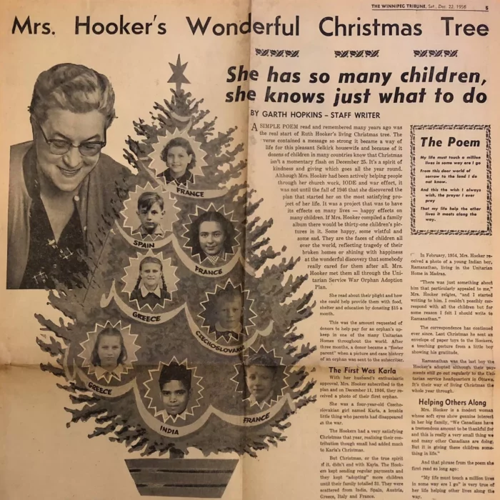 Mrs. Hooker's Wonderful Christmas Tree, December 22 1956, Winnipeg Tribune Newspaper article from the Winnipeg Tribune describing Ruth Hookers charitable act of fostering 37 children