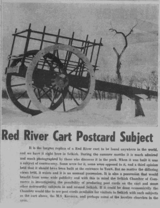 Newspaper article titled Red River cart postcard subject