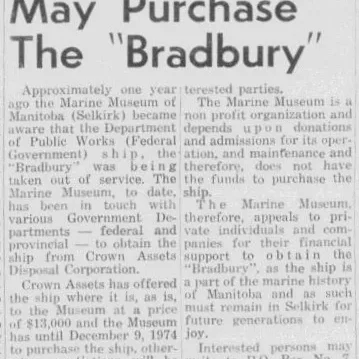 May Purchase the Bradbury, 1974, Arborg Lake Centre News and Manitouwapa Times Newspaper article titled May Purchase the "Bradbury"