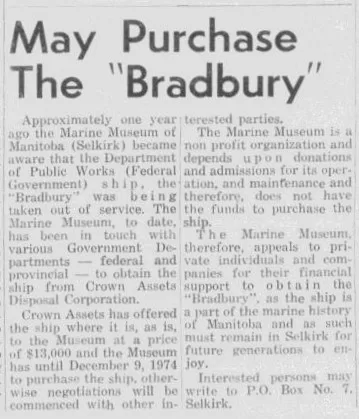 May Purchase the Bradbury, 1974, Arborg Lake Centre News and Manitouwapa Times p.1