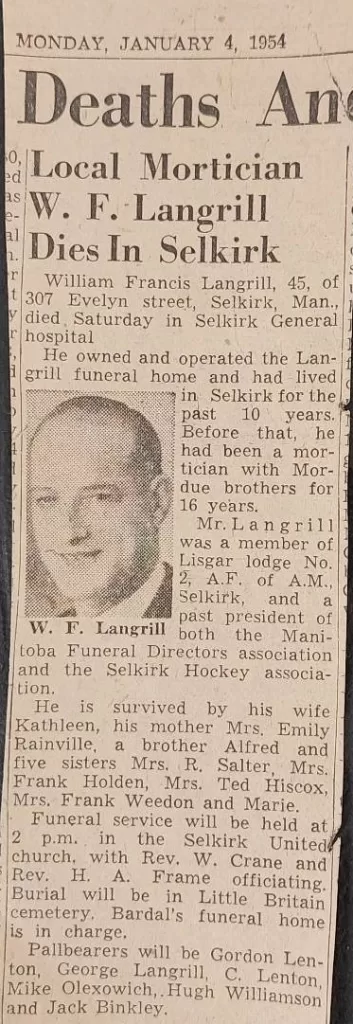 F.W. Langrill Dies, January 4, 1954, Wes Gilbart