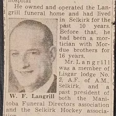 F.W. Langrill Dies, 1954, Wes Gilbart Newspaper article titled "F.W. Langrill Dies In Selkirk"