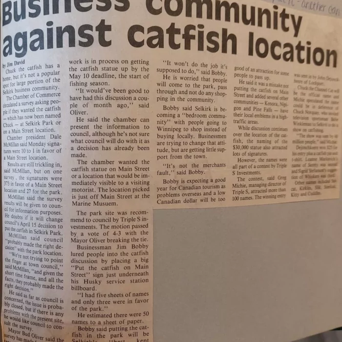 Feud over Catfish Capital "Business Community Against Catfish Location", 1986, Susan Sprong Newspaper article titled business community against catfish location