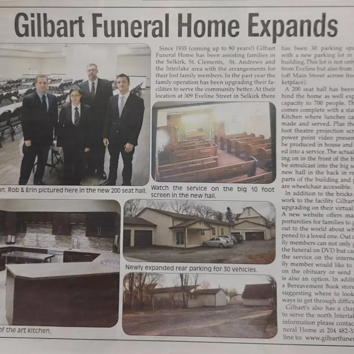 Gilbart Funeral Home Expands, 2014, Wes Gilbart Newspaper article titled "Gilbart Funeral Home Expands"