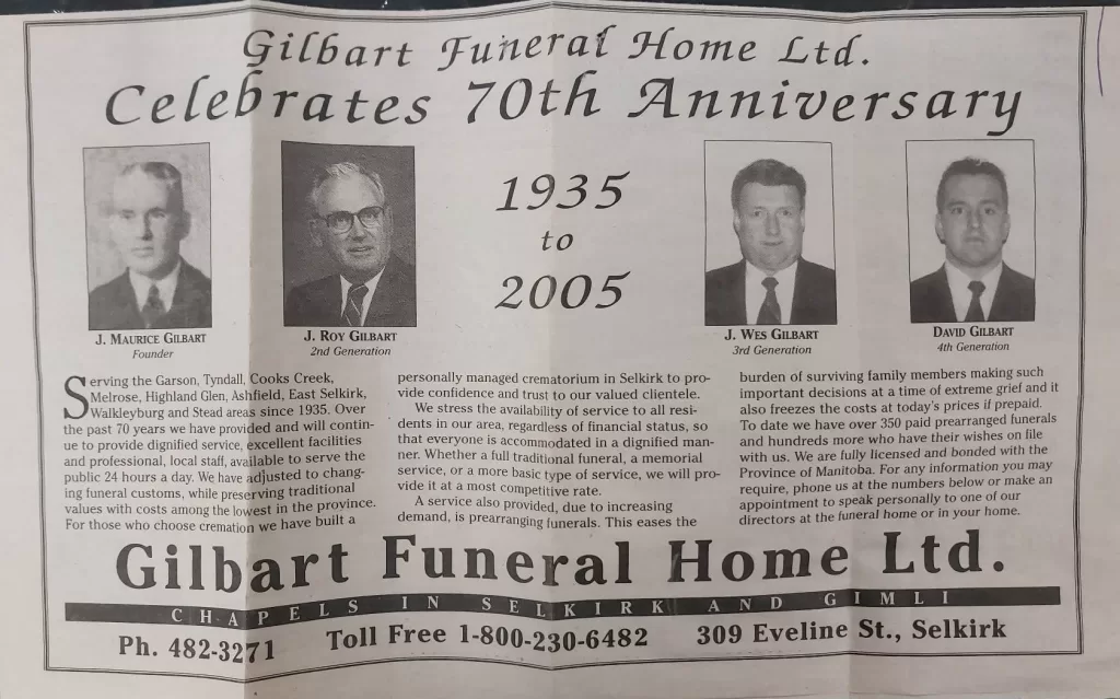 Gilbart Funeral Home Ltd. Celebrates 70th Anniversary 1935-2005