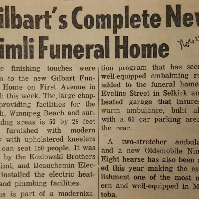 Gilbart's Complete New Gimli Funeral Home, 1964, Wes Gilbart Newspaper article titled "Gilbart's Complete New Gimli Funeral Home"
