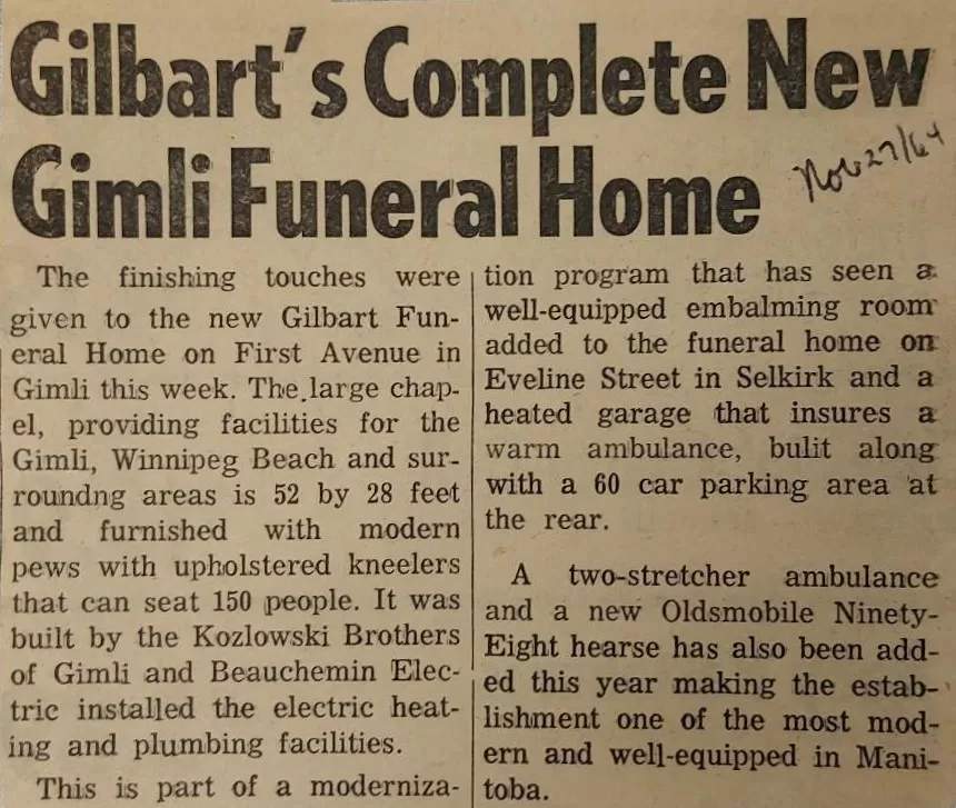 Gilbart's Complete New Gimli Funeral Home, November 27, 1964, Wes Gilbart