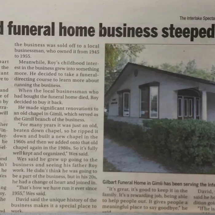 Decades Old Funeral Home Business Steeped in History, 2016, Interlake Spectator "Newspaper Article titled "Decades old funeral hone business steeped in history"