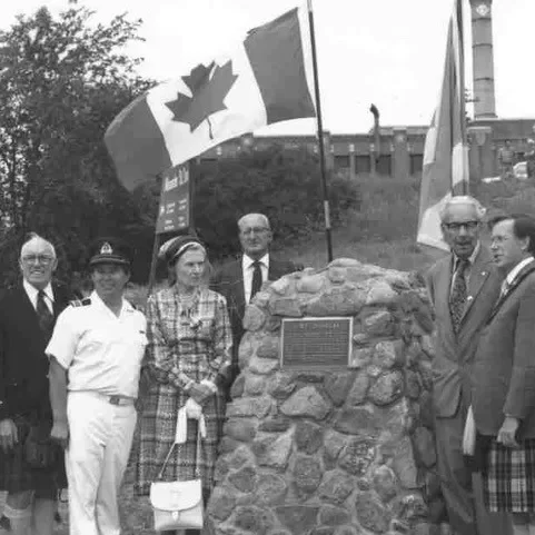 Lord and Lady Selkirk with Mayors Bill Norrie and Bill Shead at Alexander Dock to Erect a Cairn, 1982, Bill Shead Black and white portrait of Lord and Lady Selkirk