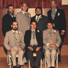 Mayor Bill Shead, Councillors - R. Oliver, D. McKenzie, P. Joyce, L. Davies, P. HendriksoMayor Bill Shead with Councillors, R. Oliver, D. McKenzie, P. Joyce, L. Davies, P. Hendrikson, S. Banera, 1980-1983, City of Selkirkn, S. Banera Coloured group picture of mayors