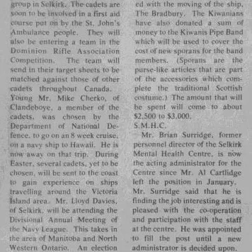 Kiwanis Club Donation to Move the Bradbury, 1976, Selkirk Enterprise Newspaper article