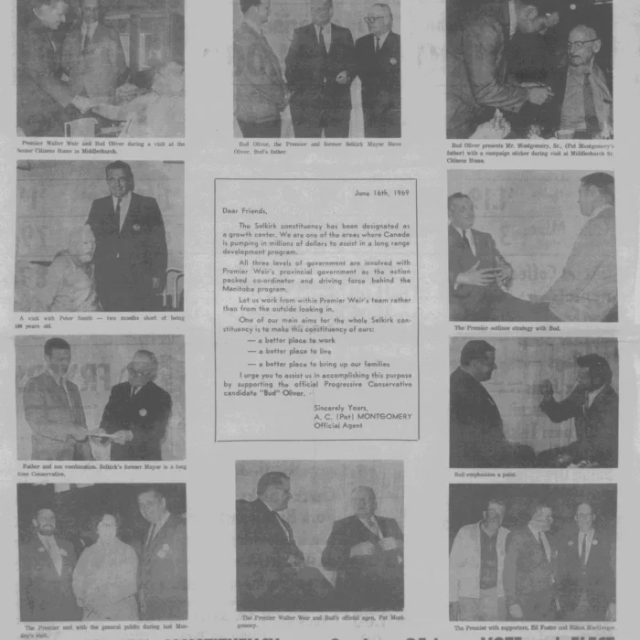Vote for Bud Oliver, 1969, Selkirk Enterprise 6-18-1969 p8 Newspaper article titled Weir with for and Oliver