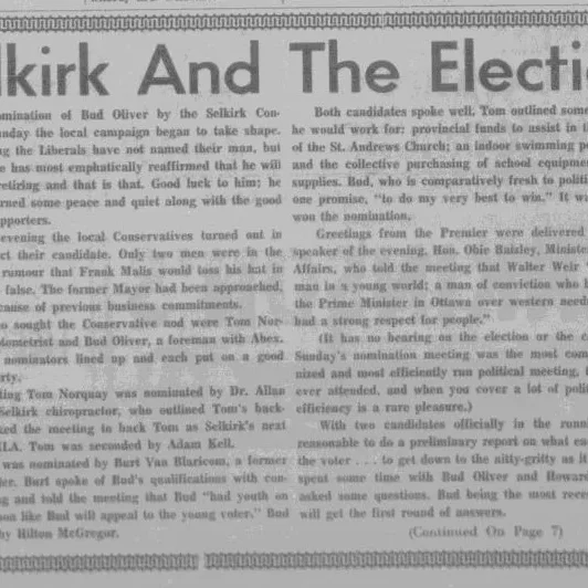 Selkirk and the Election, June 4, 1969, Selkirk Enterprise Newspaper article titled Selkirk and the election