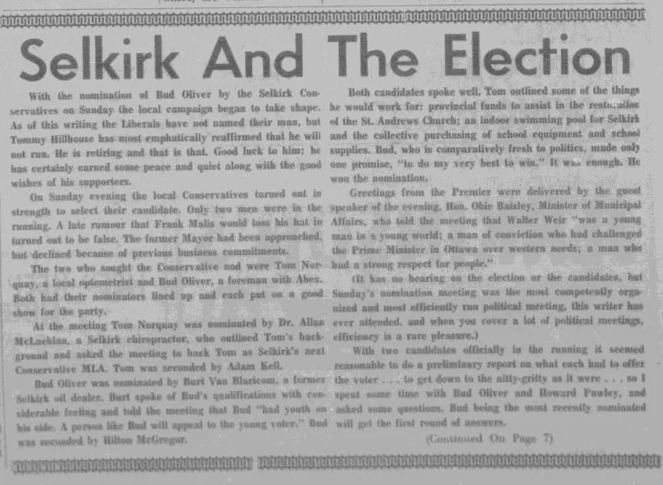 Selkirk and the Election, Selkirk Enterprise June 4, 1969
