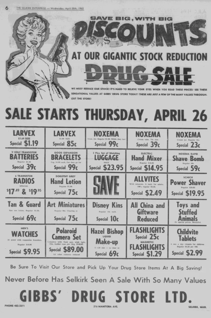 Gibbs' Drug Store Ad 2, 1962, Selkirk Enterprise