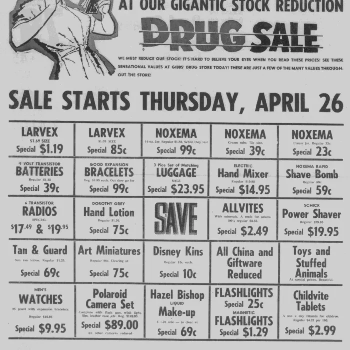 Gibbs' Drug Store Ad 2, 1962, Selkirk Enterprise Newspaper ad for discounts and sales at Gibbs drugstore
