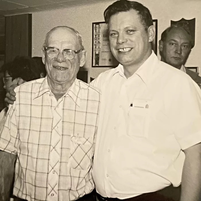 Bud Oliver with His Father and Former Mayor, Steve Oliver, 1983, Selkirk Enterprise Bud Oliver Posing with his father Steve Oliver