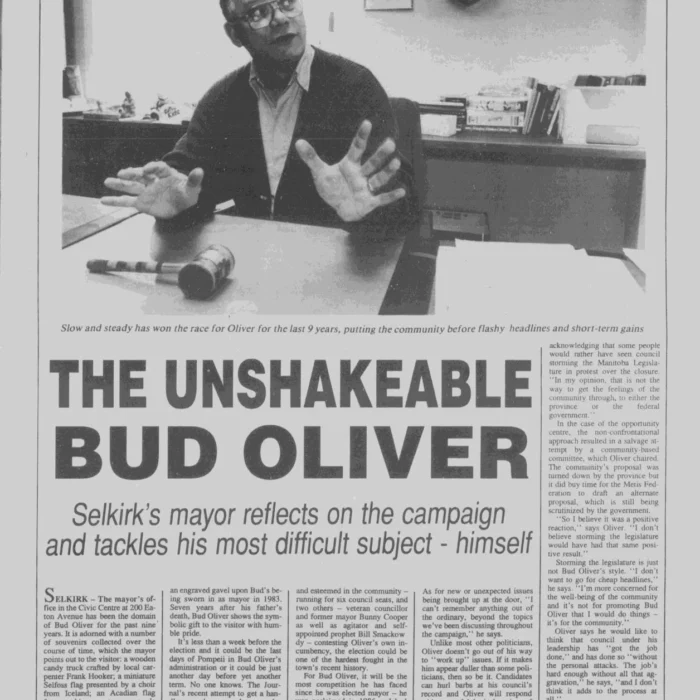 The Unshakeable Bud Oliver, 1992, Selkirk Journal Newspaper article titled the unshakable Bud Oliver
