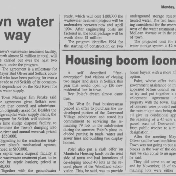 Better Town Water on the Way, December 27, 1993, Selkirk Journal p.9 Newspaper article titled better town water on the way