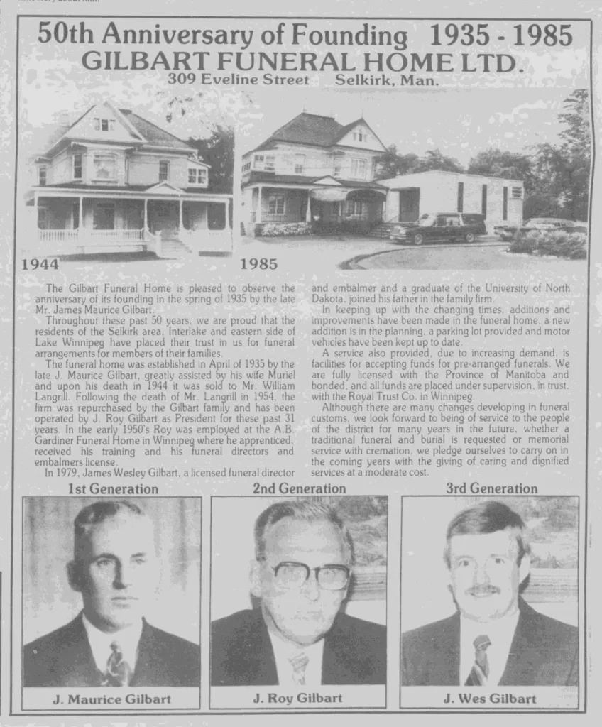 50th Anniversary of Founding Gilbart Funeral Home LTD., 1935-1985, Selkirk Journal
