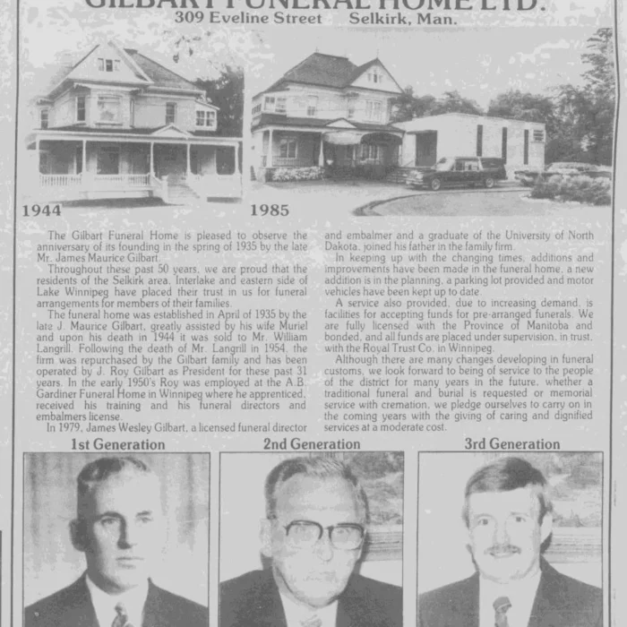 50th Anniversary of Founding Gilbart Funeral Home LTD.,1985, Selkirk Journal "Newspaper article titled "50th Anniversary of Founding 1935-1985"