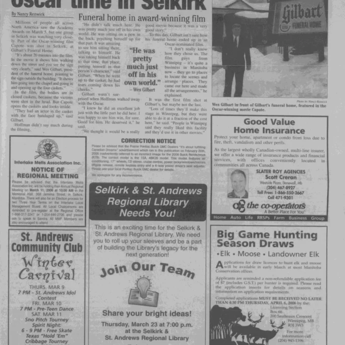 Oscar Time in Selkirk, 2006, Selkirk Journal Newspaper article titled "Oscar time in Selkirk"