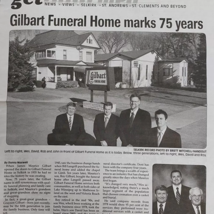 Gilbart Funeral Home Marks 75 Years, 2010, Selkirk Record Newspaper article of the Gilbart Funeral Home