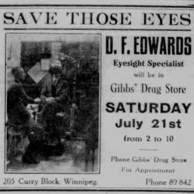 Gibbs' Drug Store Ad, 1928, Selkirk Weekly Record Newspaper ad for D. Edwards eyesight specialist coming to Gibbs drugstore