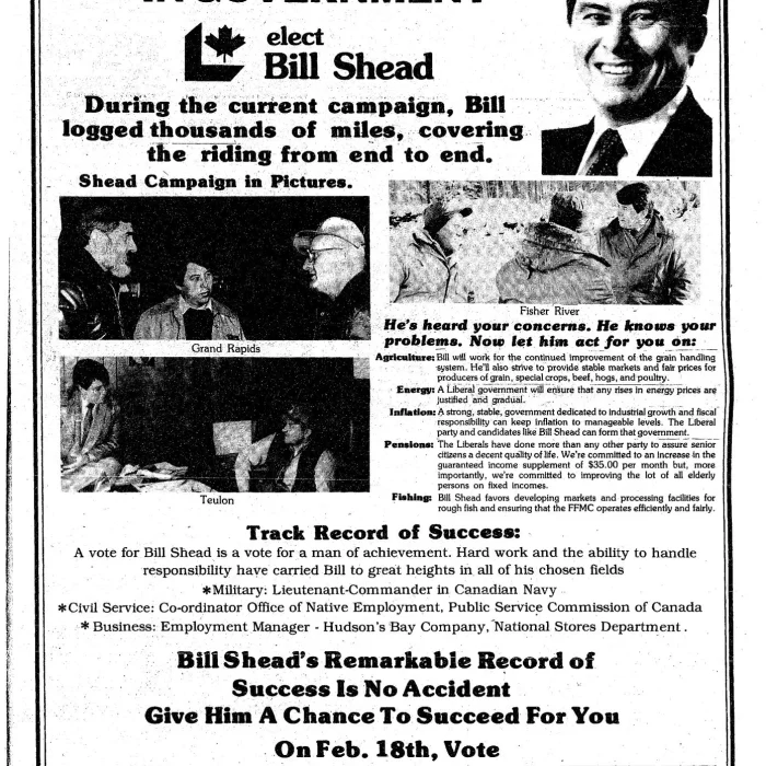 Elect Bill Shead for a Strong Voice in Government, 1980, Stonewall Argus and Teulon Times Advertisement in the newspaper campaigning for Bill Shead