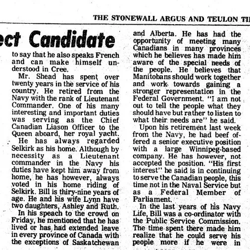 Selkirk-Interlake Liberals Select Candidate Continued, 1978, Stonewall Argus and Teulon Times Newspaper article titled Liberals select candidate