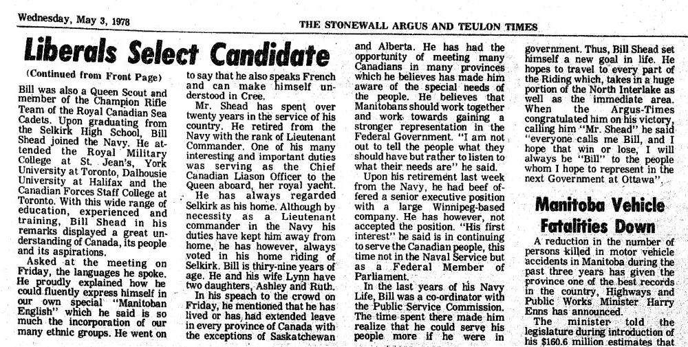 Selkirk-Interlake Liberals Select Candidate Continued, Stonewall Argus and Teulon Times, May 3, 1978