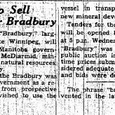 Province to Sell Steamer Bradbury, 1936, Winnipeg Free Press Newspaper snippet of the Bradbury