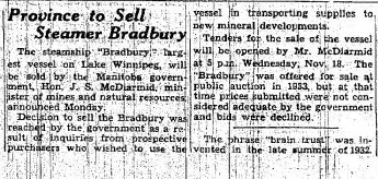 Province to Sell Steamer Bradbury, November 12, 1936, Winnipeg Free Press p.16