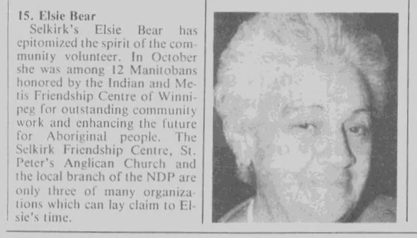 Elsie Honoured by the Indian and Métis Friendship Centre of Winnipeg, 1991, Selkirk Journal