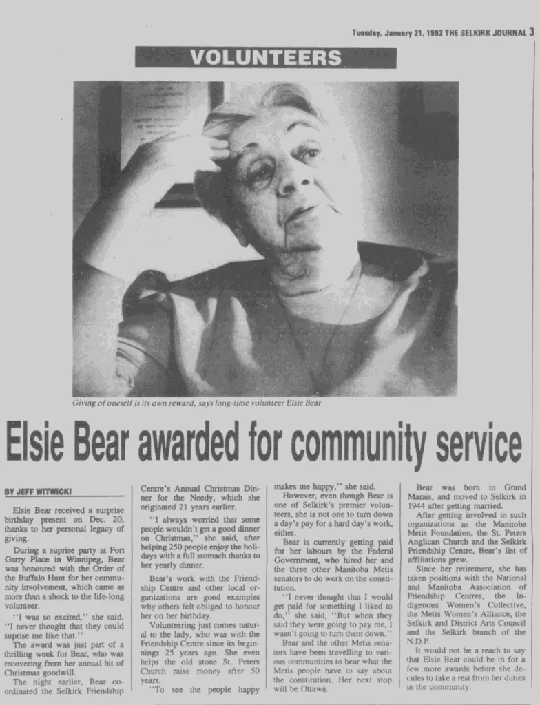 Elsie Bear Awarded for Community Service, 1992, Selkirk Journal