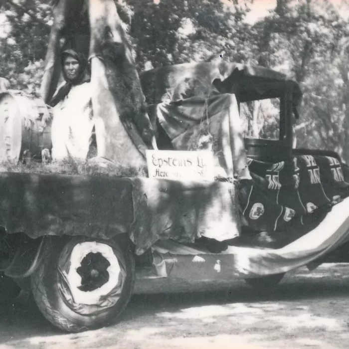 Fair Parade Epsteins Float, 1930, Ted Francis Black and white picture of Epstein's parade float in 1930
