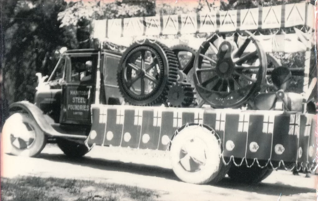 Black and white picture of the steel foundries parade float in 1930