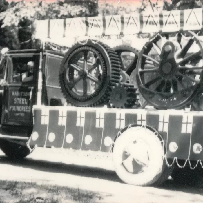 Fair Parade Manitoba Steel Foundries Float, 1930, Ted Francis Black and white picture of the steel foundries parade float in 1930