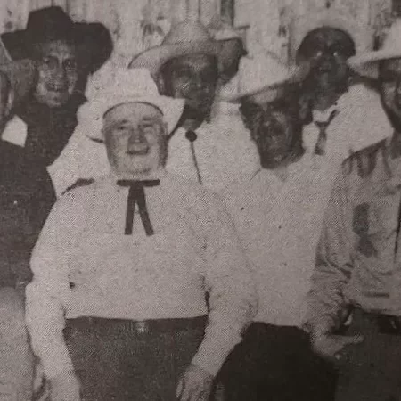 Fair Committee, 1957, Selkirk Enterprise Centennial Edition Black and white group photo of men in cowboy hats at the Selkirk fair
