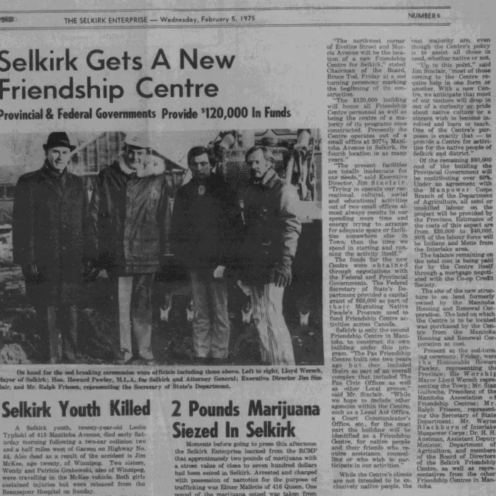 Selkirk Gets a New Friendship Centre, 1975, Selkirk Enterprise Newspaper article titled Selkirk gets a new friendship centre