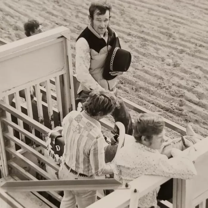Fair and Rodeo Selkirk Enterprise Issue #29, 1979, Selkirk Enterprise Black and white portrait of a man about to mount a bull at the Selkirk fair and rodeo