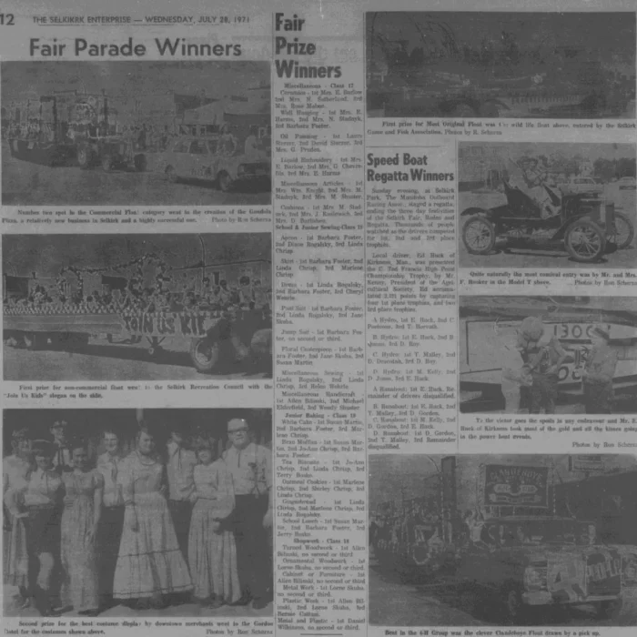 Fair Parade Winners, July 1971, Selkirk Enterprise Newspaper article declaring the fair parade winners