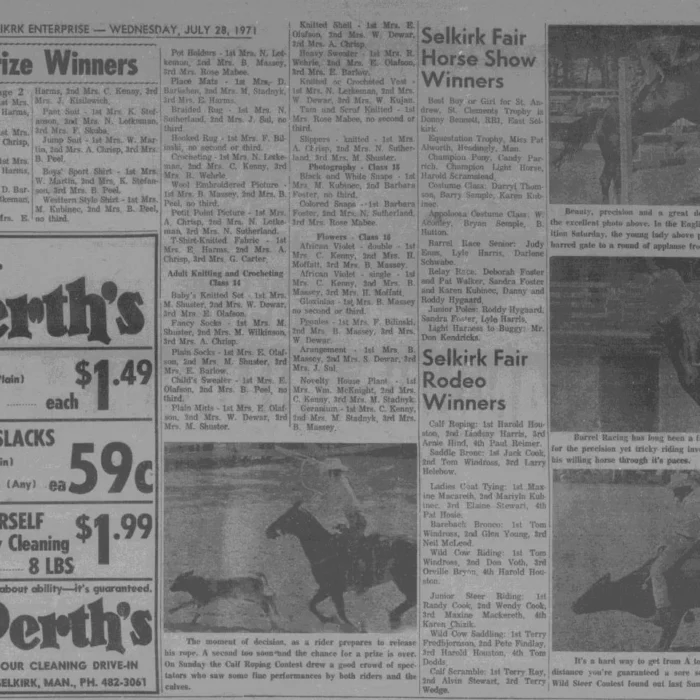 Fair Prize Winners, July 1971, Selkirk Enterprise Newspaper article continuing on the fair prize winners