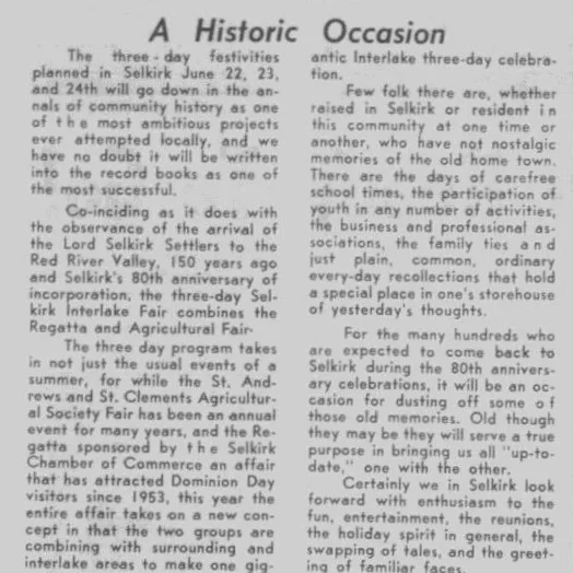 A Historic Occasion, June 1962, Selkirk Enterprise Newspaper article titled a historic occasion